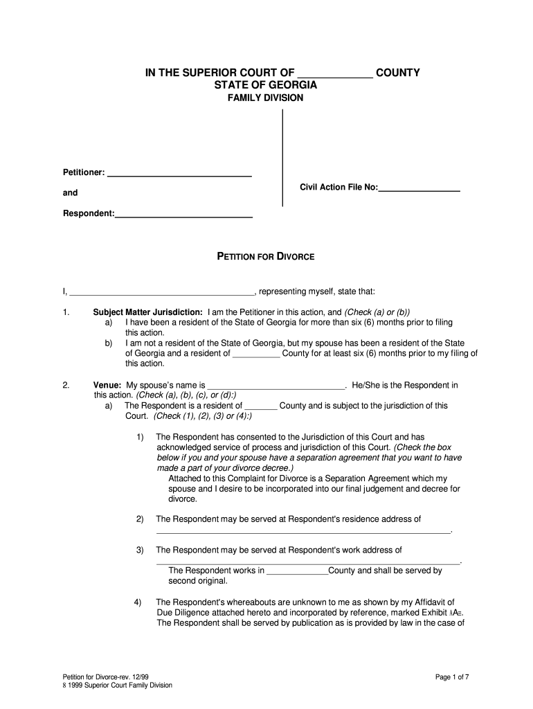 1999 Form GA Petition For Divorce Fill Online Printable Fillable 