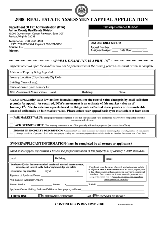 2008 Real Estate Assessment Appeal Application Virginia Department Of 