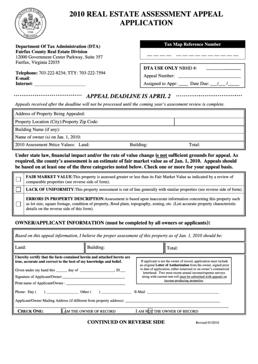 2010 Real Estate Assessment Appeal Application Virginia Department Of 