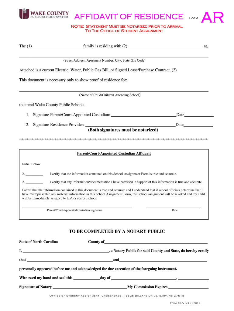 2011 Form NC WCPSS Affidavit Of Residence Fill Online Printable 