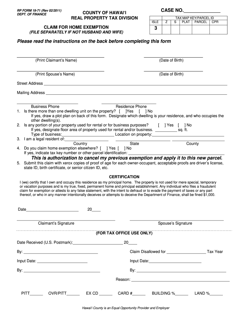 2011 HI RP Form 19 71 Hawaii County Fill Online Printable Fillable 