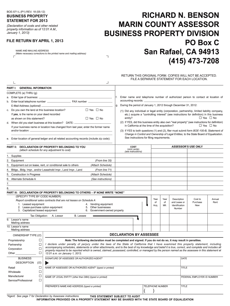 2013 Form CA BOE 571 L P1 Fill Online Printable Fillable Blank