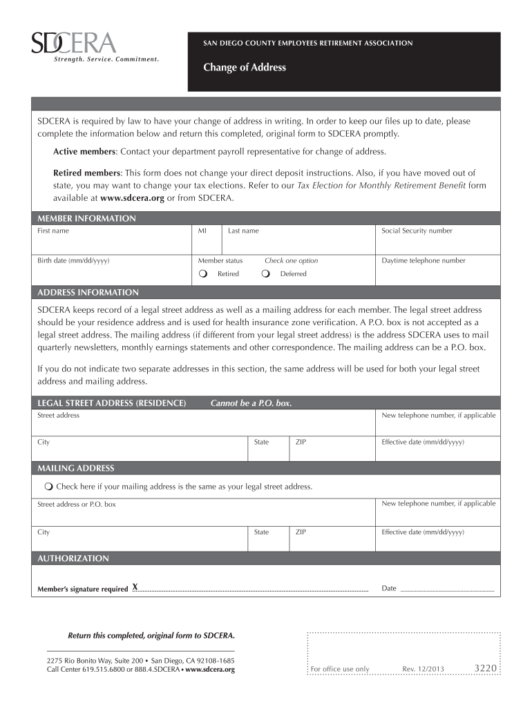 2013 Form CA SDCERA Change Of Address Fill Online Printable Fillable