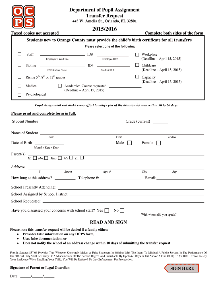 2015 2021 Form FL OCPS Transfer Request Fill Online Printable 