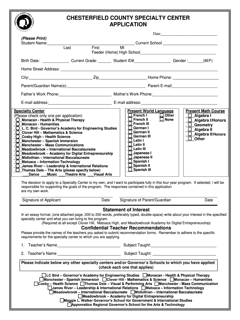 2015 Form Chesterfield County Specialty Centers Application Fill Online 