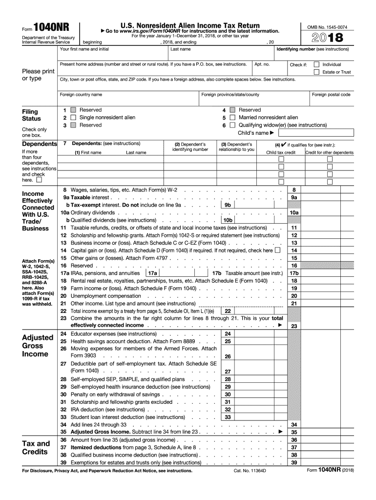 2018 Form IRS 1040 NR Fill Online Printable Fillable Blank PDFfiller