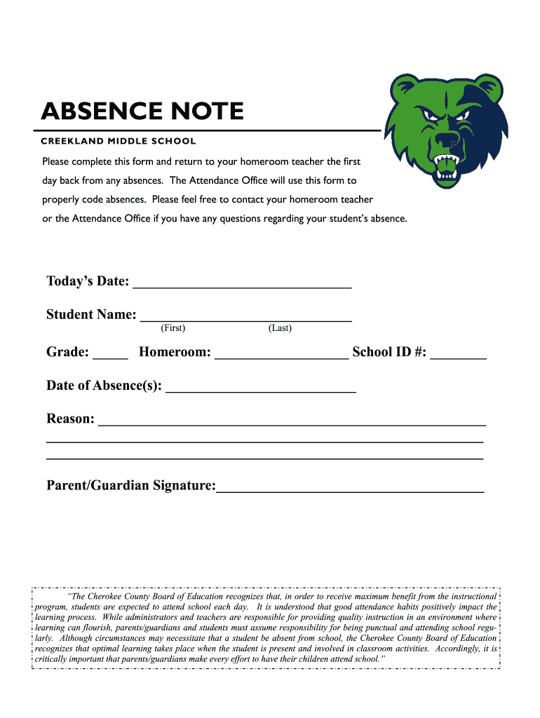 ABSENCE NOTE Cherokee County School District Fill Out And Sign