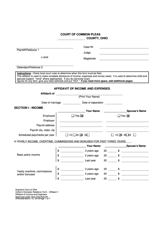 Affidavit Of Income And Expenses Ohio Court Of Common Pleas Printable 