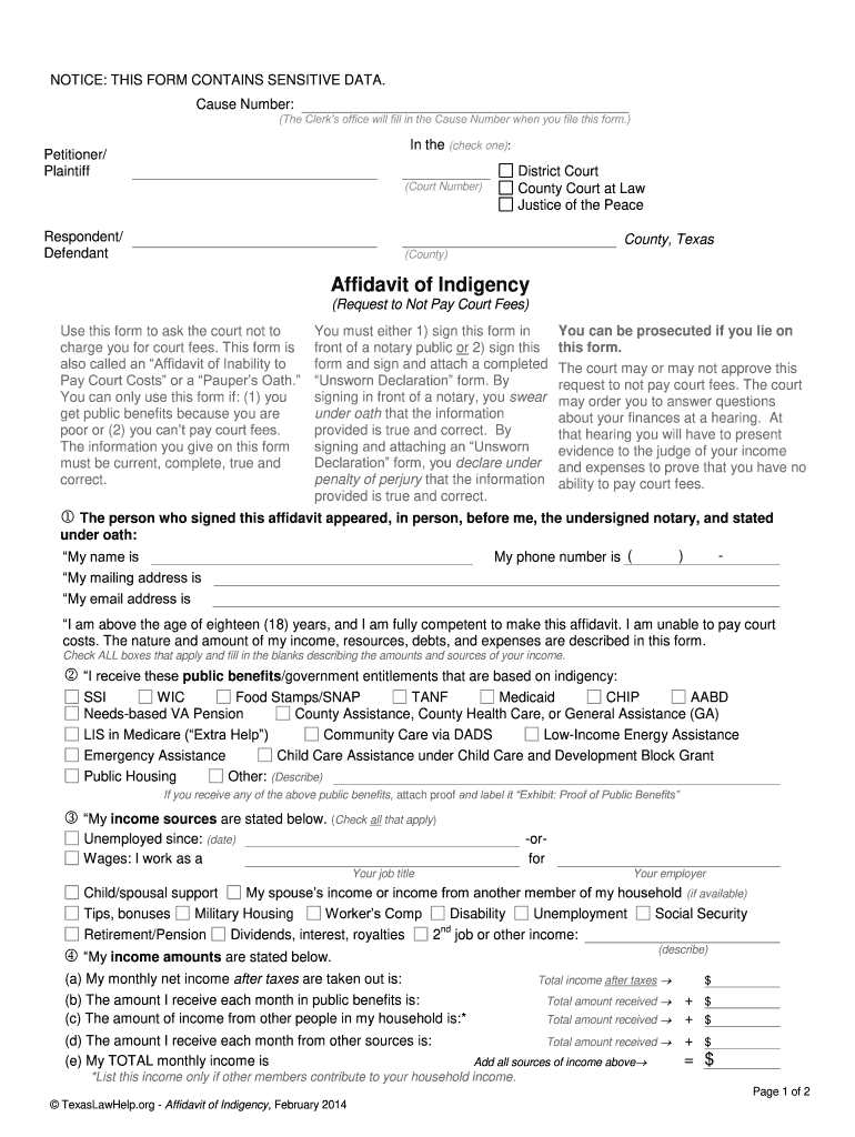 Affidavit Of Indigency Texas Fill Online Printable Fillable Blank