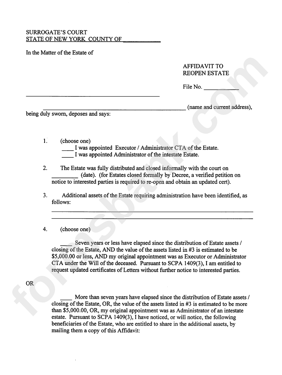 Affidavit To Reopen Estate Nys Surrogate S Court Printable Pdf Download