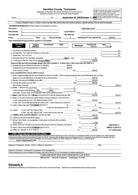 Application For Business Tax License And Report Form Hamilton County
