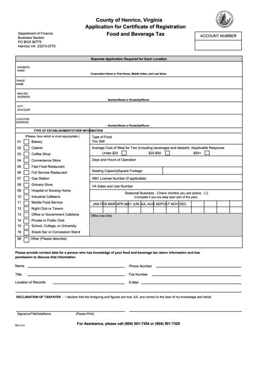 Application For Certificate Of Registration Food And Beverage Tax Form 