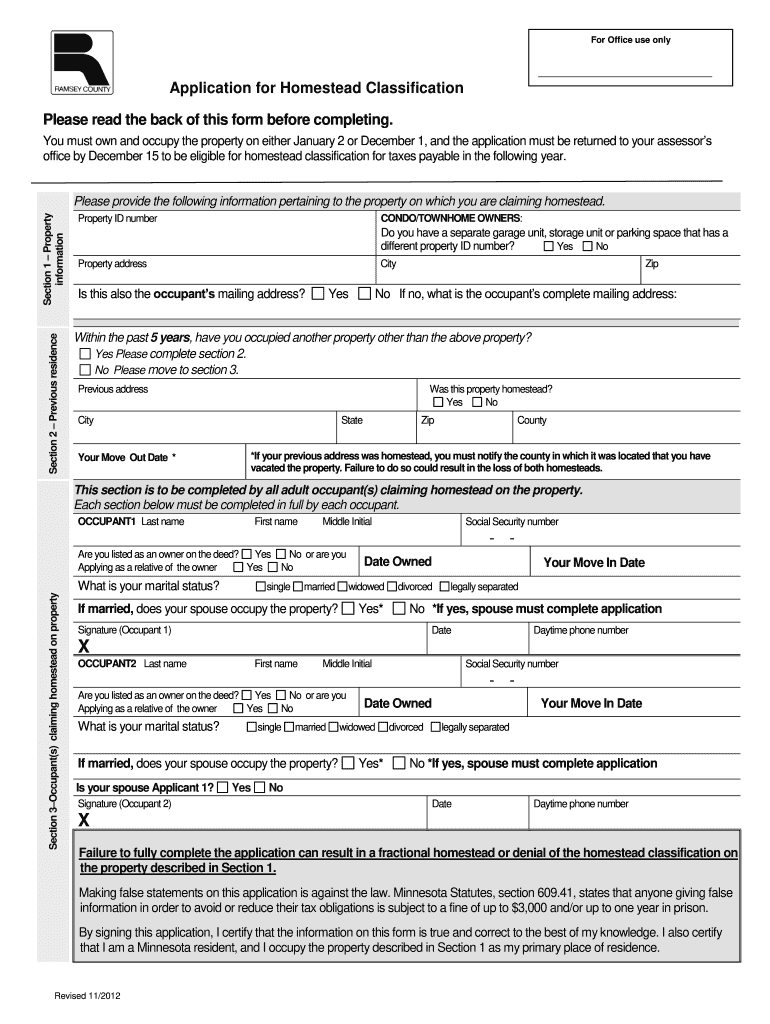 Application For Homestead Classification Ramsey County Co 