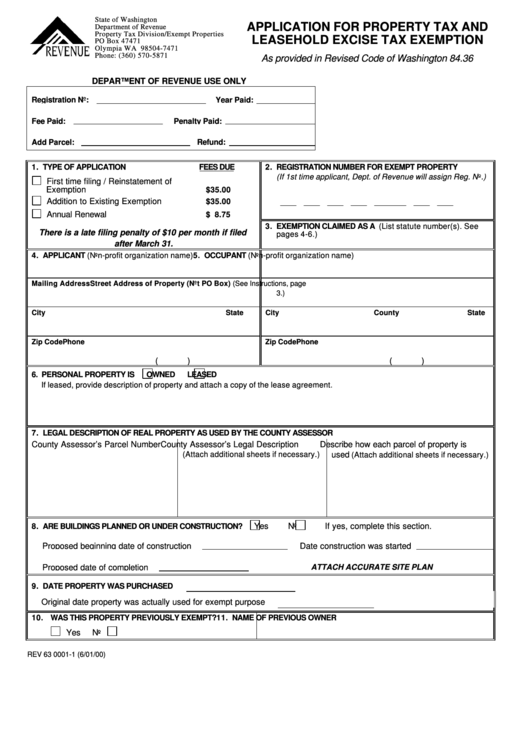 Application For Property Tax And Leasehold Excise Tax Exemption Form 