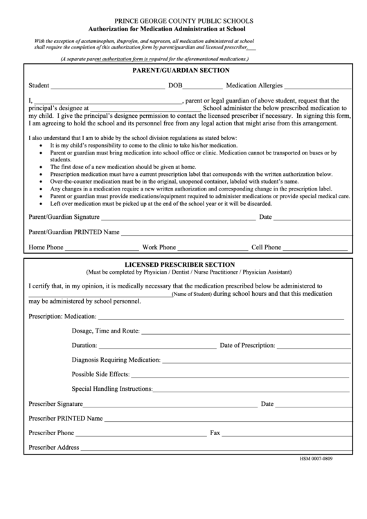 Authorization For Medication Administration At School Form Printable