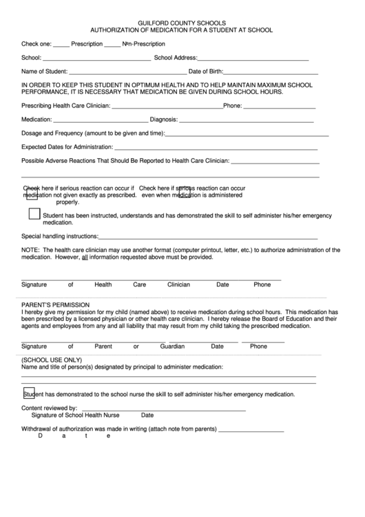 Authorization Of Medication For A Student At School Form Printable Pdf