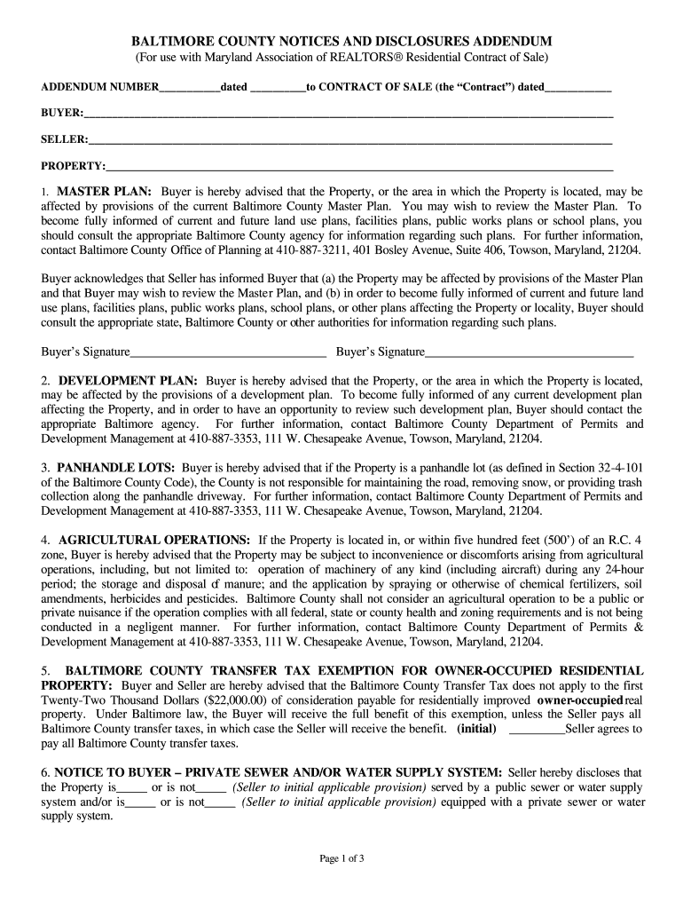 Baltimore County Notices And Disclosures Addendum 2020 Fill And Sign