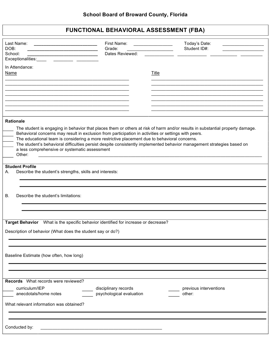 Broward County Florida Functional Behavioral Assessment Fba Form 