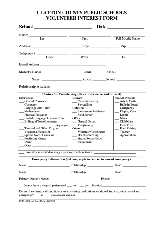 Ccps Volunteer Interest Form Printable Pdf Download