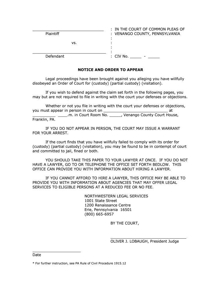 Chester County Pa Notice And Order To Appear Custody Csae Fill Out 