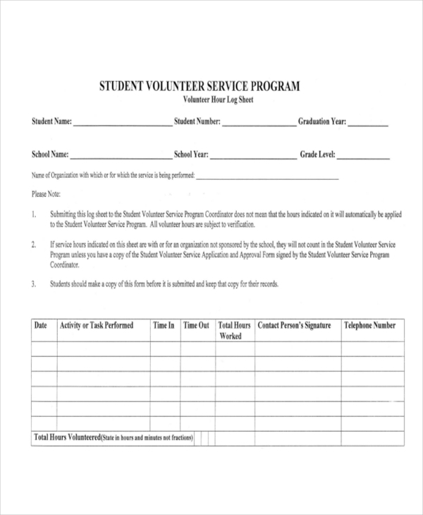 Community Service Forms For Students