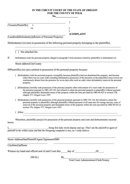 Complaint Form Circuit Court Of The State Of Oregon Printable Pdf 