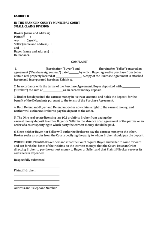 Complaint Form The Franklin County Municipal Court Small Claims