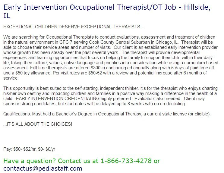 Early Intervention Occupational Therapist OT Job Hillside IL 