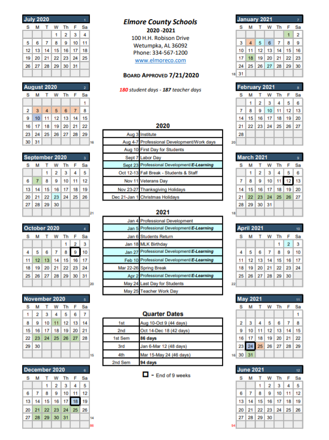 Elmore County Schools Calendar 2020 And 2021