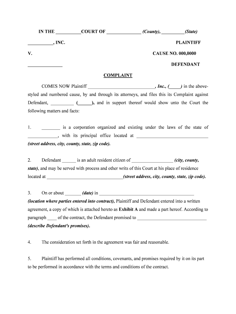 Fill Edit And Print Complaint For Breach Of Written Contract Seeking 