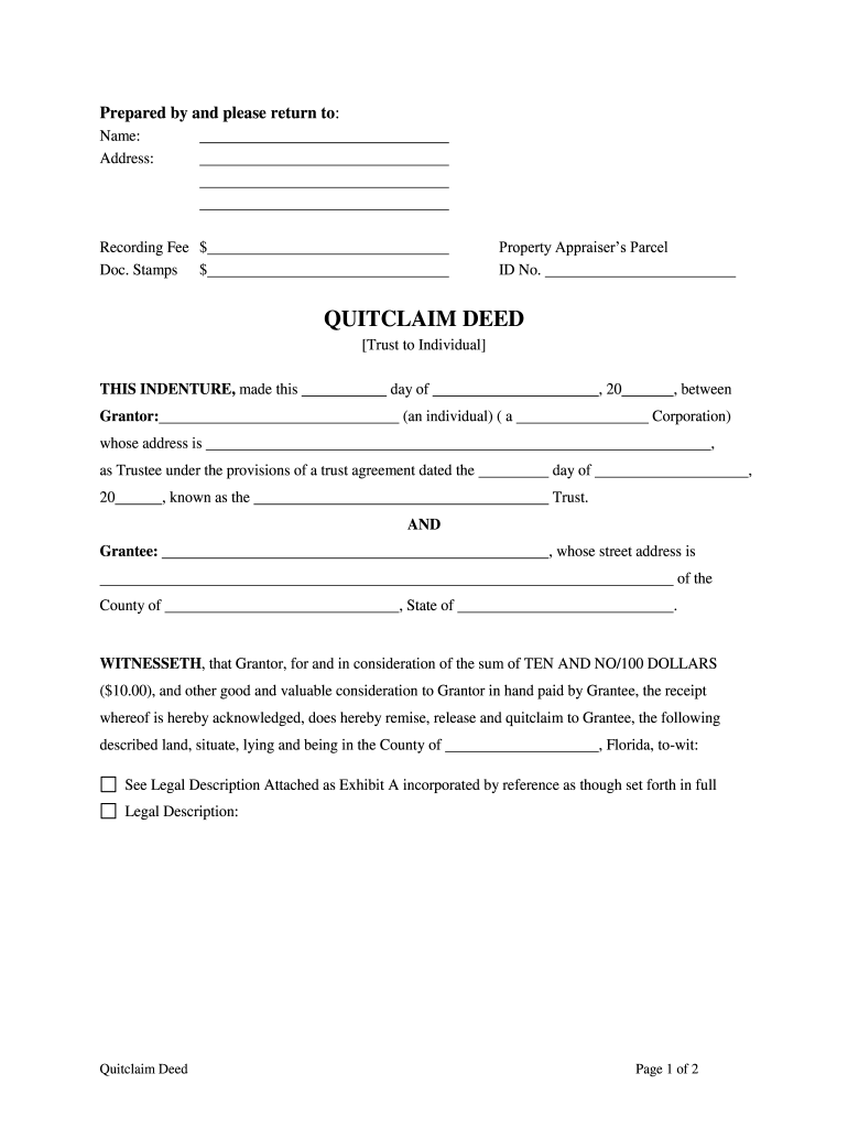 Fill Edit And Print Florida Quitclaim Deed Trust To Individual Form 