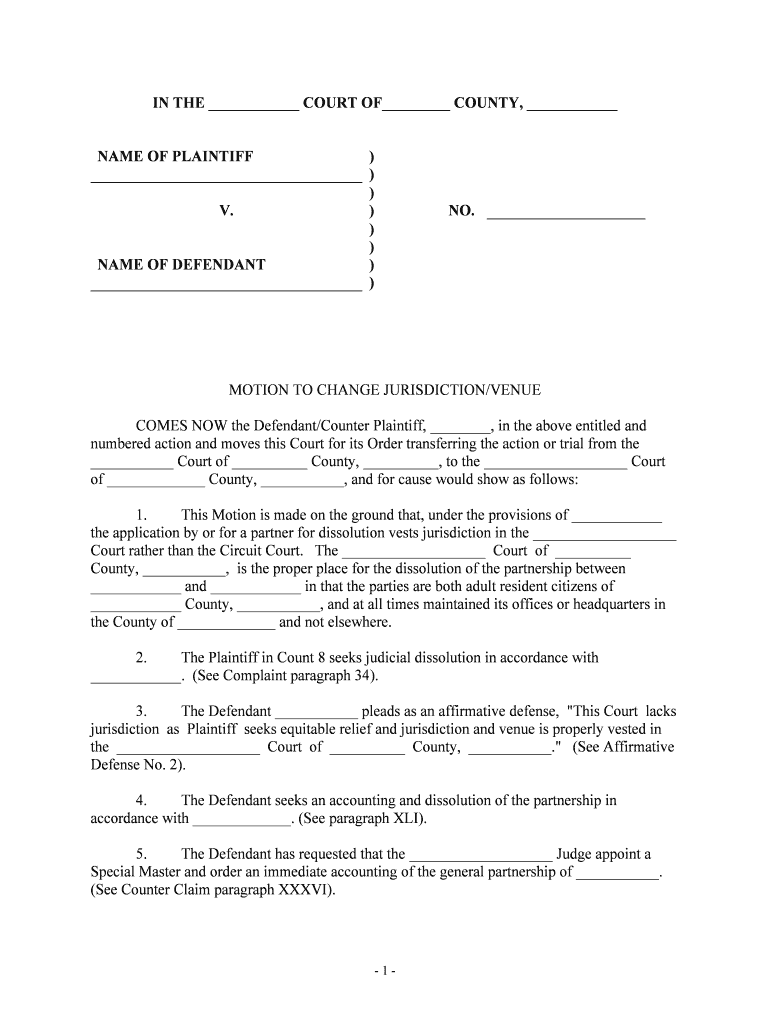 Fill Edit And Print Motion To Change Jurisdiction Venue Form Online