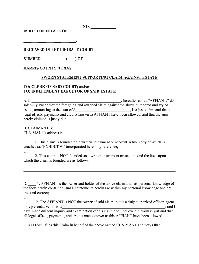 Fill Edit And Print Sworn Statement Supporting Claim Against Estate 