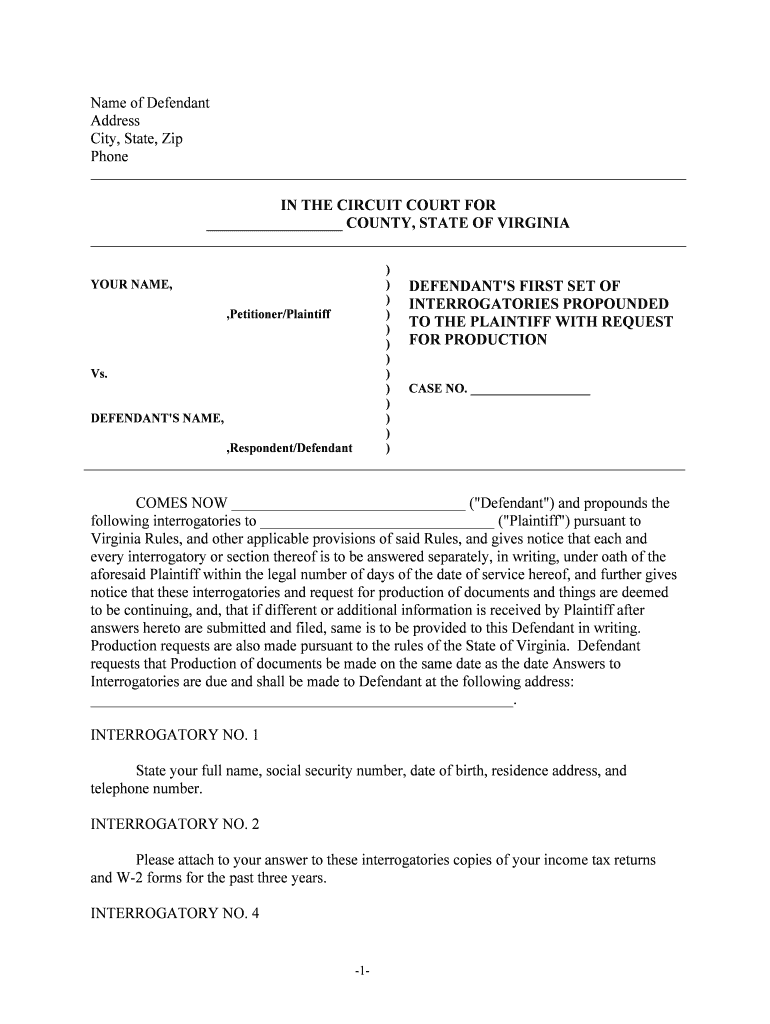 Fill Edit And Print Virginia Discovery Interrogatories From Defendant 