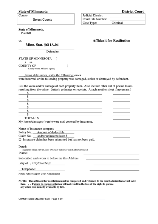 Fillable Affidavit For Restitution Minn Stat 611a 04 Printable Pdf