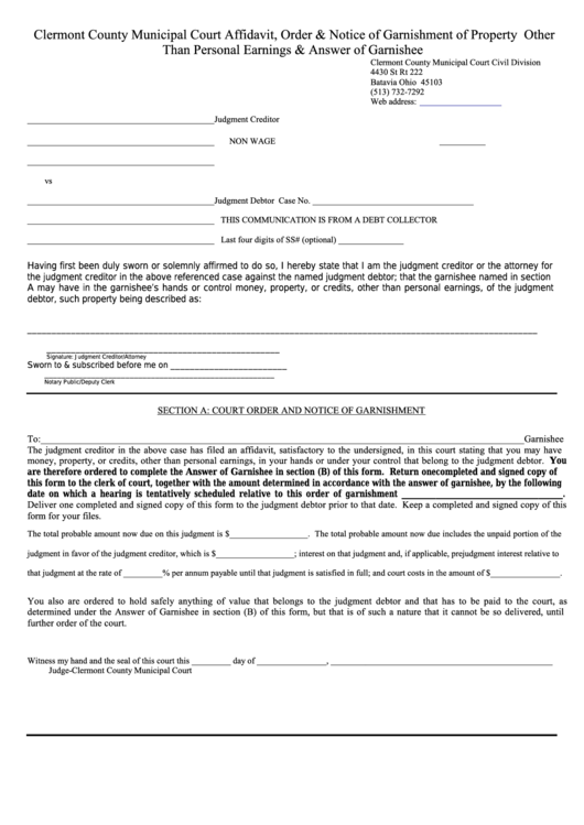 Fillable Affidavit Order Notice Of Garnishment Of Property Other 