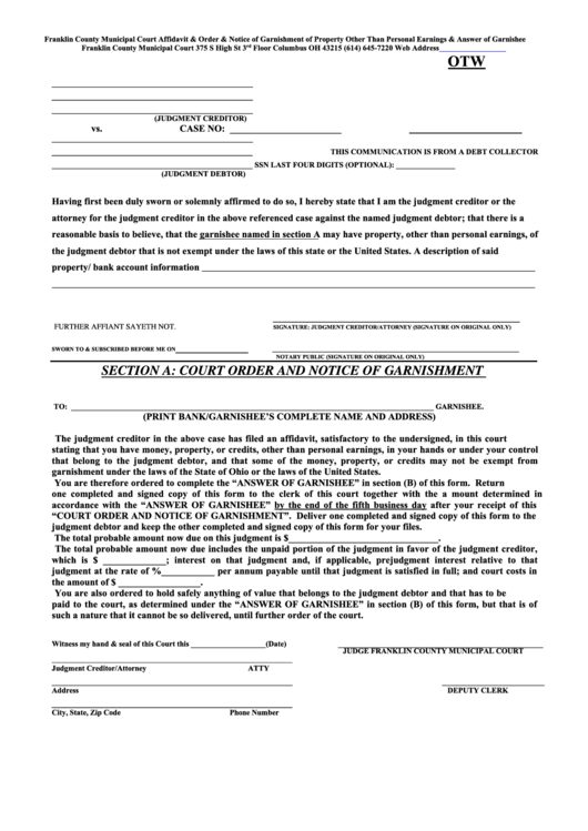 Fillable Affidavit Order Notice Of Garnishment Of Property Other 