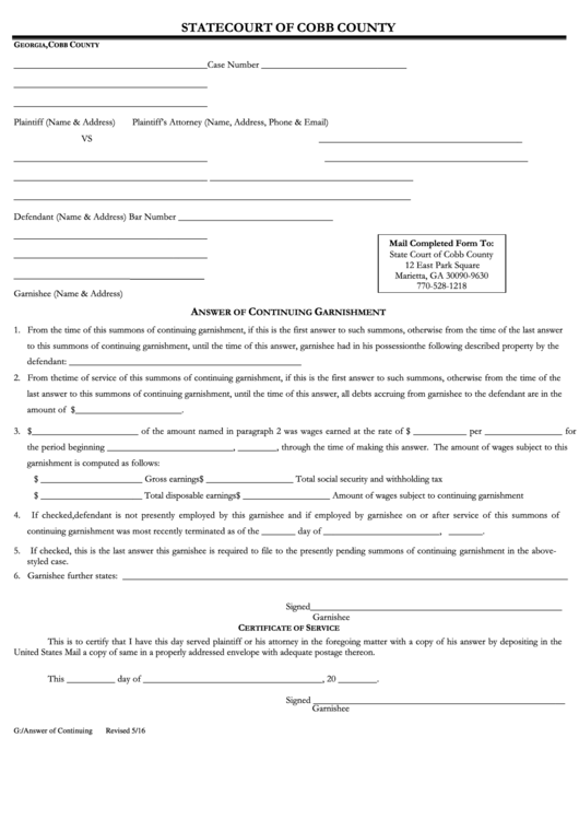 Fillable Answer Of Continuing Garnishment State Court Of Cobb County 