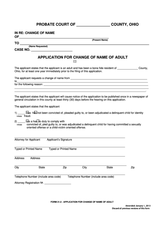 Fillable Application For Change Of Name Of Adult Ohio Probate Court 