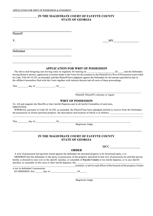 Fillable Application For Writ Of Possession Judgement Form 