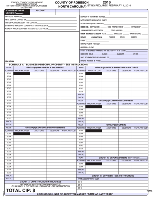 Fillable Business Listing Form Robeson County Tax Department 2016 