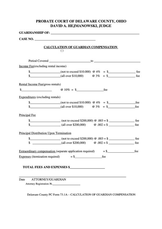 Fillable Calculation Of Guardians Compensation Delaware County 