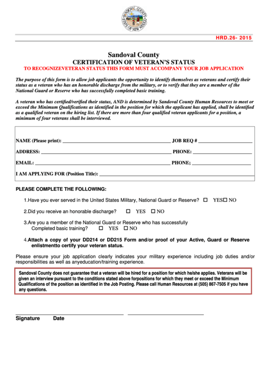 Fillable Certification Of Veterans Status Form Sandoval County