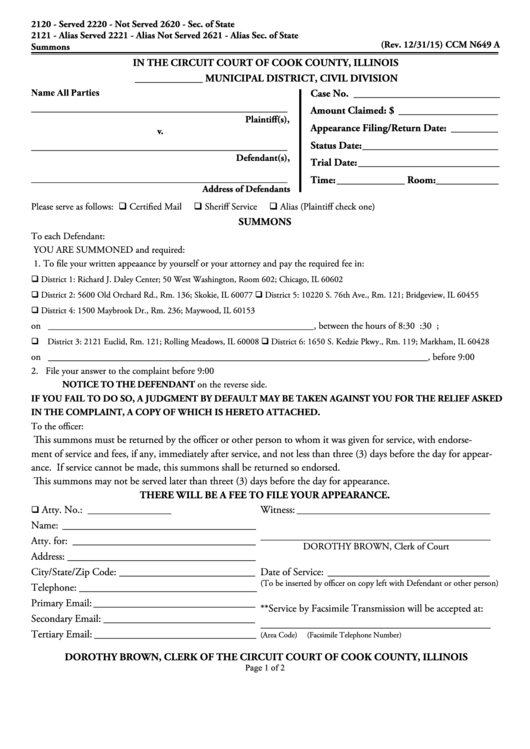 Fillable Circuit Court Of Cook County Summons Form Printable Pdf Download