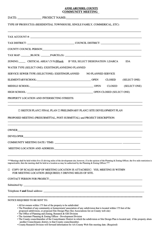 Fillable Community Meeting Form Anne Arundel County Printable Pdf 