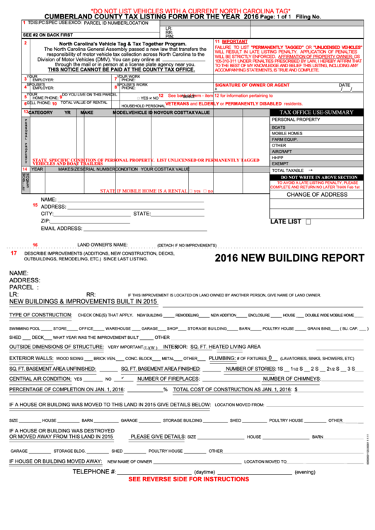 Fillable Cumberland County Tax Listing Form 2016 Printable Pdf Download