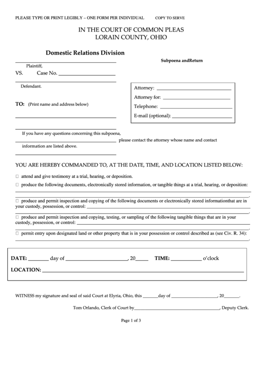 Fillable Dr Subpoena Form The Court Of Common Pleas Printable Pdf 