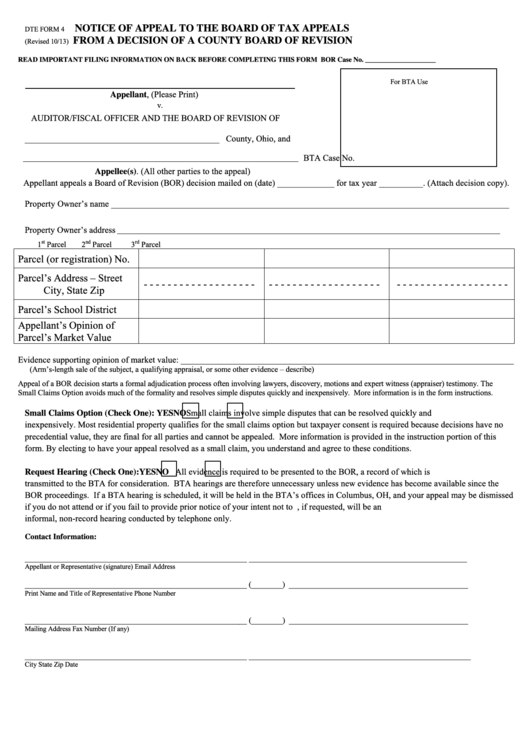 Fillable Dte Form 4 Notice Of Appeal To The Board Of Tax Appeals From 