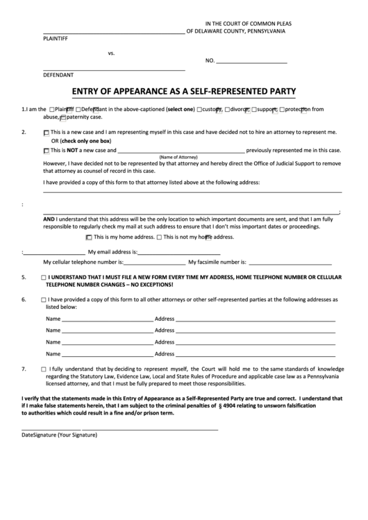 Fillable Entry Of Appearance As A Self Represented Party Form Court 
