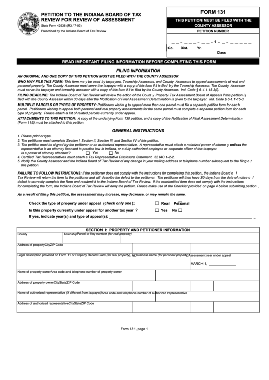 Fillable Form 131 Petition To The Indiana Board Of Tax Review For 